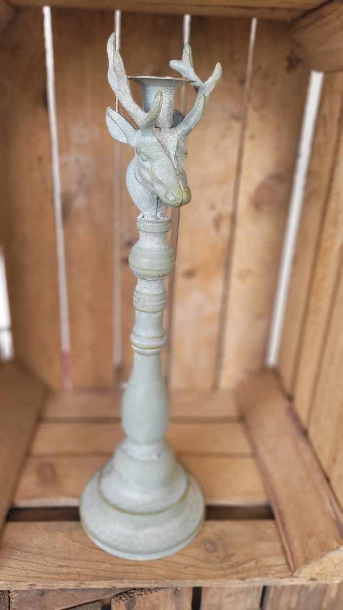 Béžový antik kovový svícen ArtFerro s jelenem - 13,5*13,5*37cm 