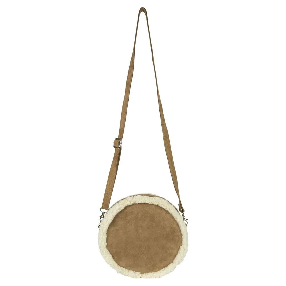 Hnědá kulatá kožená kabelka crossbody zdobená ovčí vlnou - 24*8*24cm