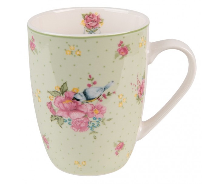 Zelený porcelánový hrnek s květy a ptáčkem Cheerful Birdie - 12*8*10cm/ 300ml