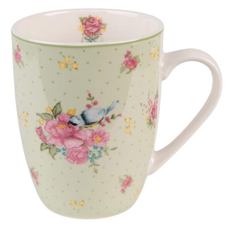Zelený porcelánový hrnek s květy a ptáčkem Cheerful Birdie - 12*8*10cm/ 300ml CHBMU