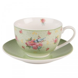 Zelený porcelánovýšálek s podšálkem s květy a ptáčkem Cheerful Birdie - 12*9*6cm/ 200ml