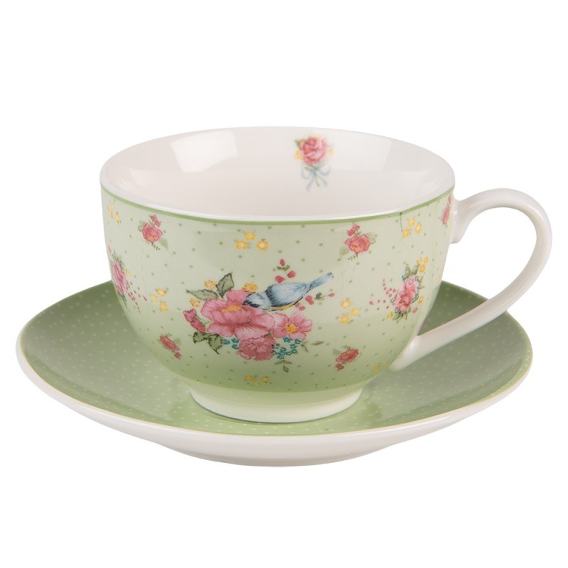 Zelený porcelánovýšálek s podšálkem s květy a ptáčkem Cheerful Birdie - 12*9*6cm/ 200ml Clayre & Eef