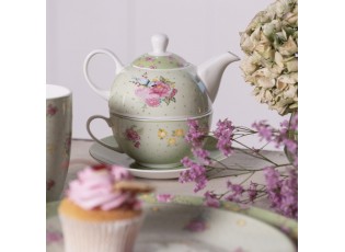 Zelený porcelánový Tea for One s květy a ptáčkem Cheerful Birdie - 16*15*14cm/ 460ml