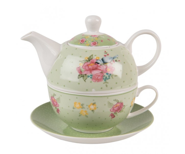 Zelený porcelánový Tea for One s květy a ptáčkem Cheerful Birdie - 16*15*14cm/ 460ml