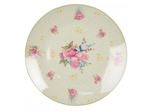 Zelený porcelánový dezetní talíř s květy a ptáčkem Cheerful Birdie - Ø 20 cm