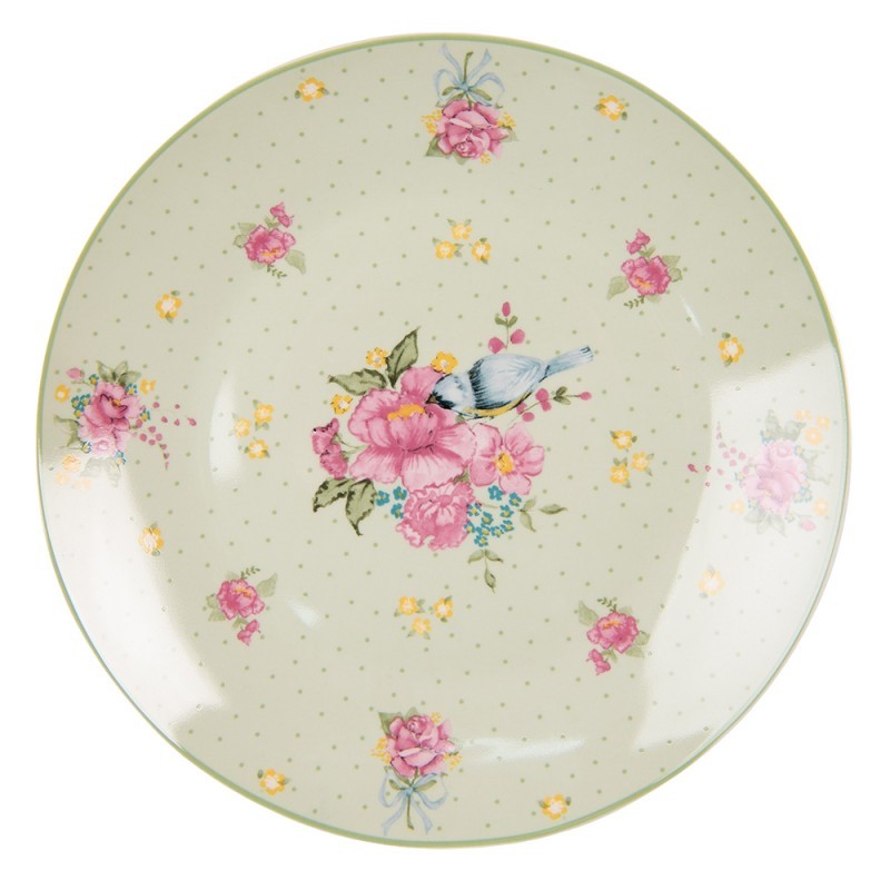 Zelený porcelánový dezetní talíř s květy a ptáčkem Cheerful Birdie - Ø 20 cm Clayre & Eef