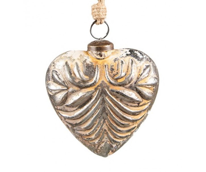Stříbrná antik vánoční skleněná ozdoba srdce - 9*4*10 cm