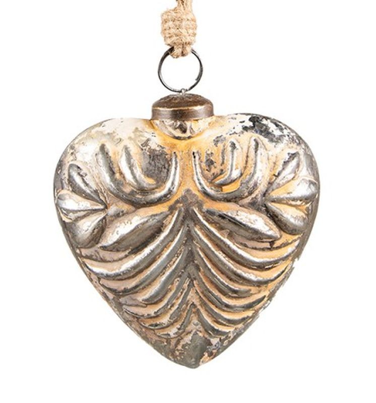 Stříbrná antik vánoční skleněná ozdoba srdce - 9*4*10 cm 6GL3855