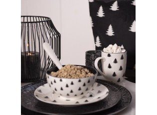 Bílo-černý porcelánový dezertní talíř se stromky Black&White X-Mas - Ø 20*2 cm