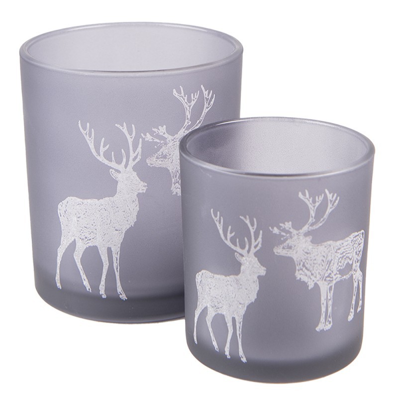 2ks šedý skleněný svícen na čajovou svíčku s jelenem a sobem - Ø 7*8/ Ø 9*10cm Clayre & Eef