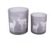 2ks šedý skleněný svícen na čajovou svíčku s jelenem a sobem - Ø 7*8/ Ø 9*10cm