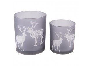 2ks šedý skleněný svícen na čajovou svíčku s jelenem a sobem - Ø 7*8/ Ø 9*10cm