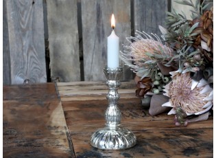Stříbrný antik skleněný svícen na úzkou svíčku - Ø 9*14cm