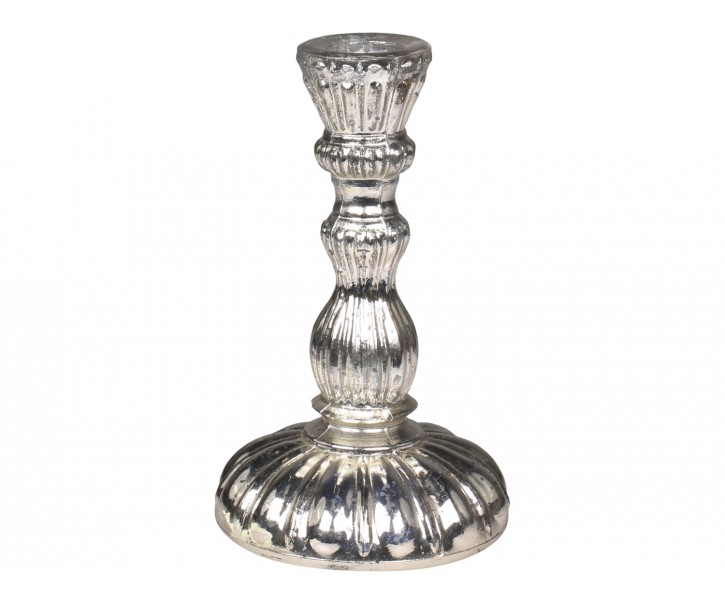 Stříbrný antik skleněný svícen na úzkou svíčku - Ø 9*14cm