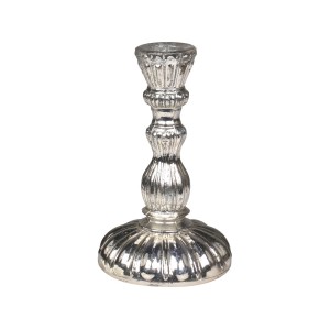 Stříbrný antik skleněný svícen na úzkou svíčku - Ø 9*14cm
