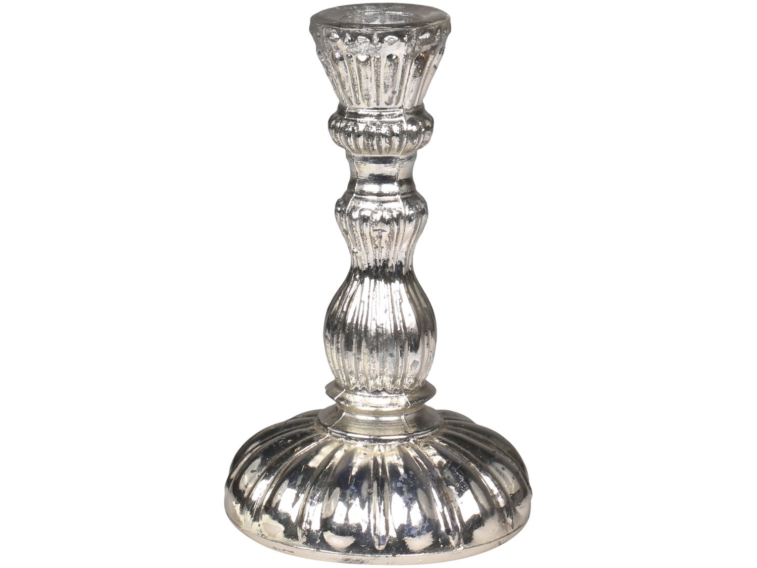 Stříbrný antik skleněný svícen na úzkou svíčku - Ø 9*14cm