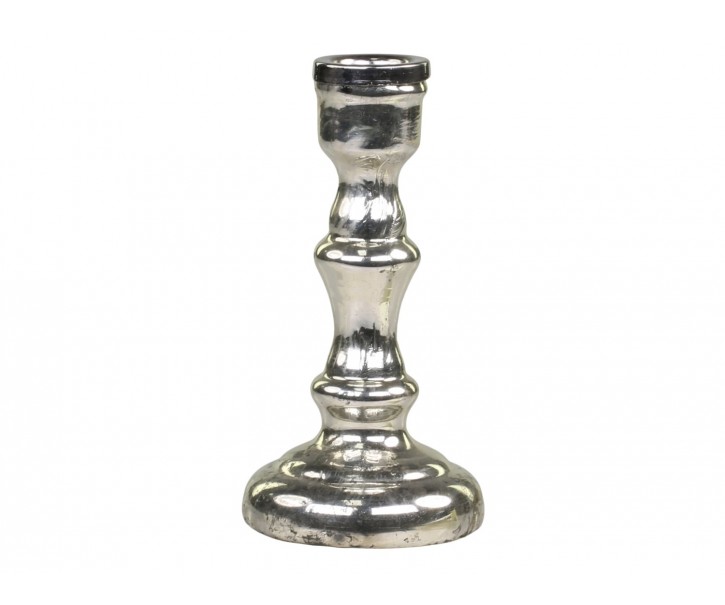 Stříbrný antik skleněný svícen na úzkou svíčku Groo - Ø 7*13cm