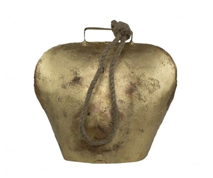 Zlatý antik plechový zvonek ve tvaru kravského zvonu - 20*8*10cm