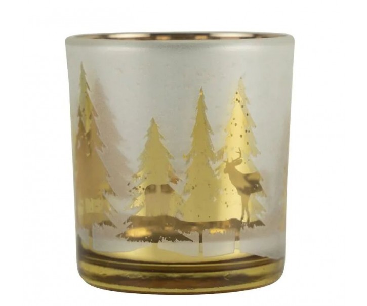 Zlato-bílý skleněný svícen se stromky vel.S - Ø 7*8cm
