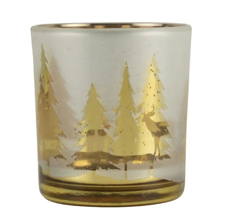 Zlato-bílý skleněný svícen se stromky vel.S - Ø 7*8cm XMWLWHBGS