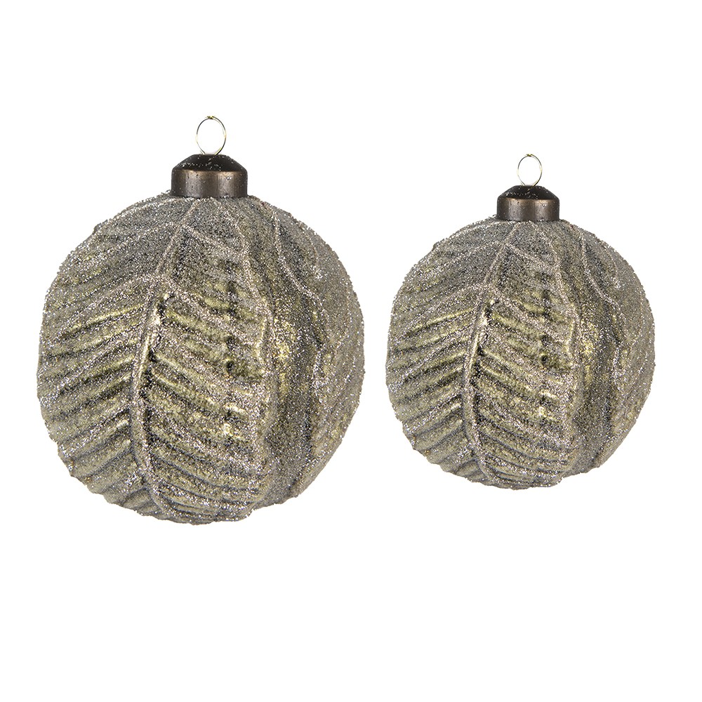 Set 2 ks zelených skleněných vánočních koulí s motivem listů – Ø 10 cm a Ø 8 cm
