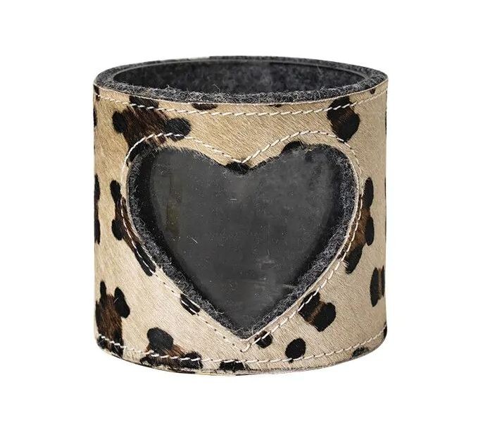 Svícen zdobený kůží se vzorem Leopard - 11,5*11,5*10,5cm