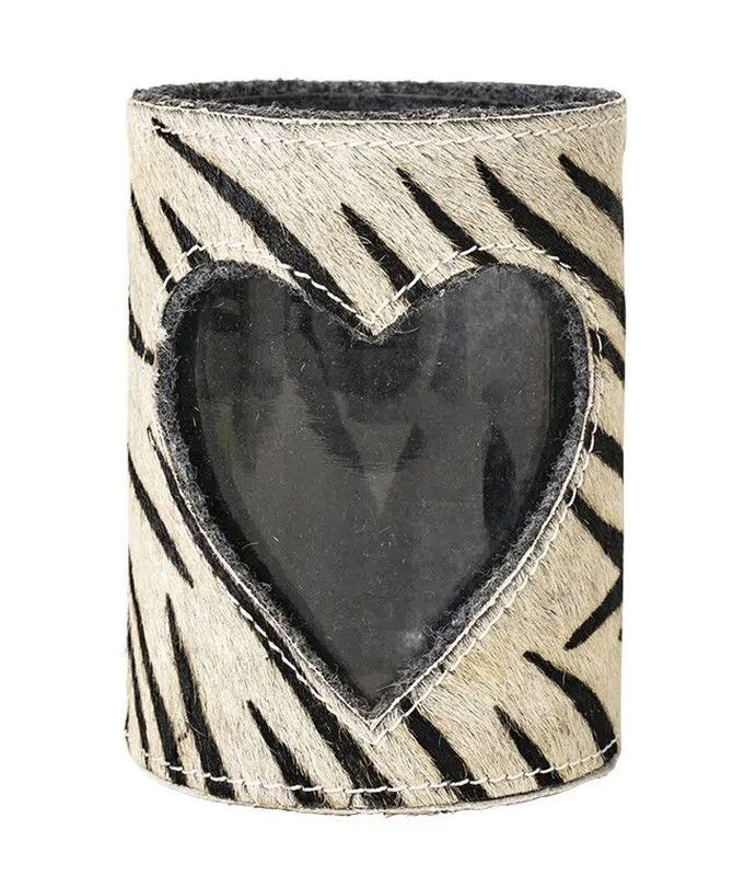 Svícen se srdcem zdobený kůží se vzorem Zebra - 11,5*11,5*16cm