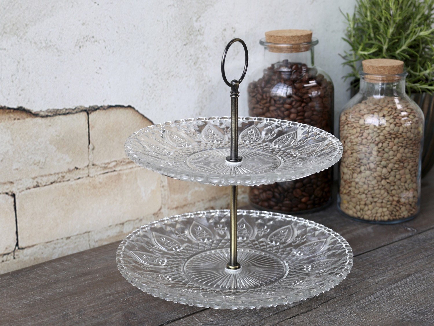 Skleněný 2-patrový etažér se srdíčky Heart glass - Ø 22*24 cm