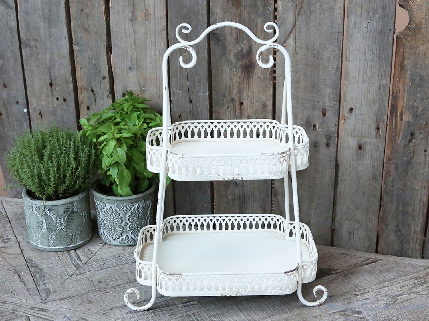 Krémový antik kovový 2-patrový etažér Edgio - 38*25*54 cm