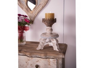 Béžový antik dřevěný svícen s kovovou ozdobou - Ø 25*34 cm