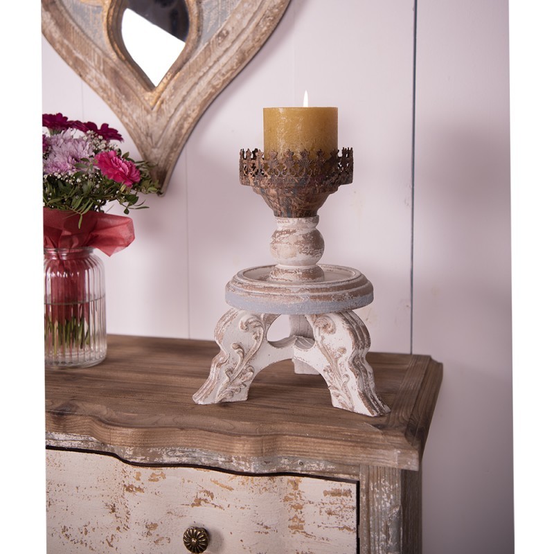 Béžový antik dřevěný svícen s kovovou ozdobou - Ø 25*34 cm Clayre & Eef