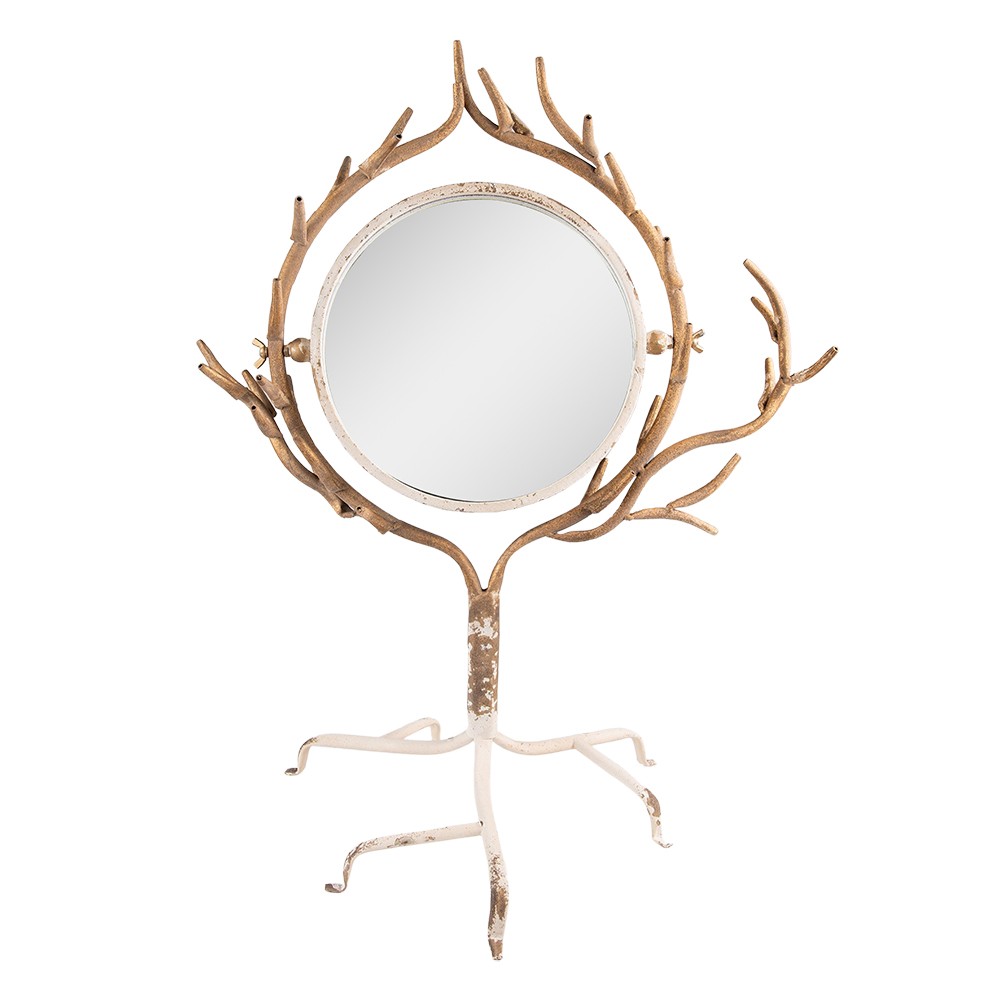 Levně Béžovo-zlaté stojací stolní zrcadlo s dekoračními větvemi - 51*37*65 cm 52S264
