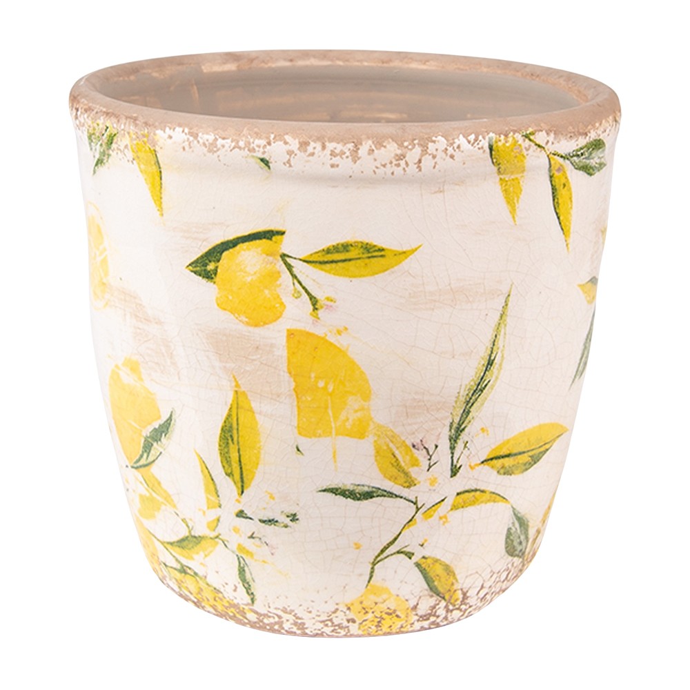 Béžový keramický obal na květináč s citróny Lemonio S - Ø14*14 cm Clayre & Eef