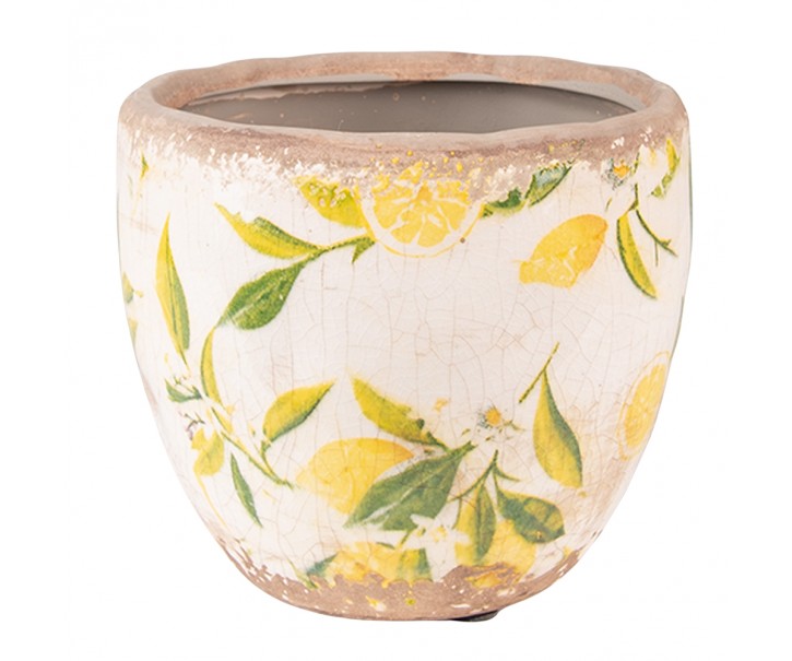 Béžový keramický obal na květináč s citróny Lemonio XS - Ø12*11 cm