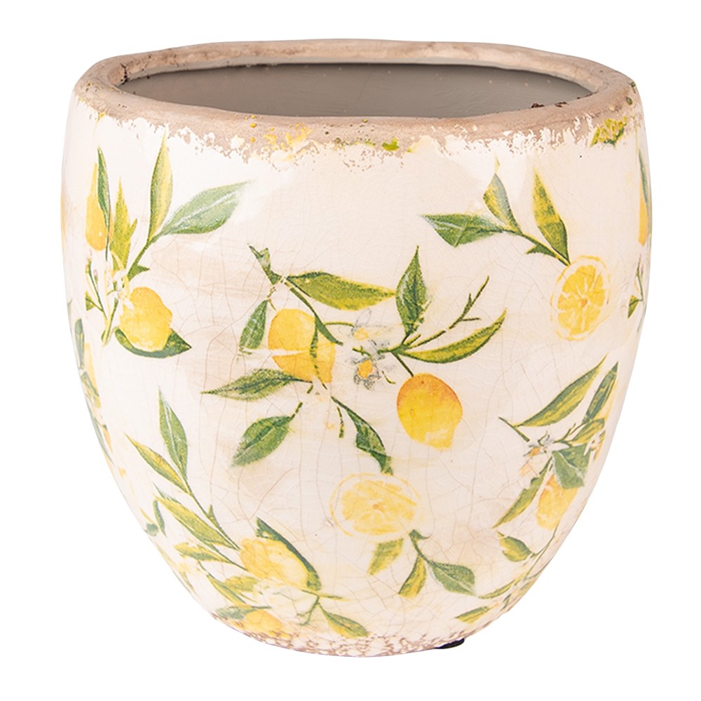 Béžový keramický obal na květináč s citróny Lemonio S - Ø 13*12 cm Clayre & Eef