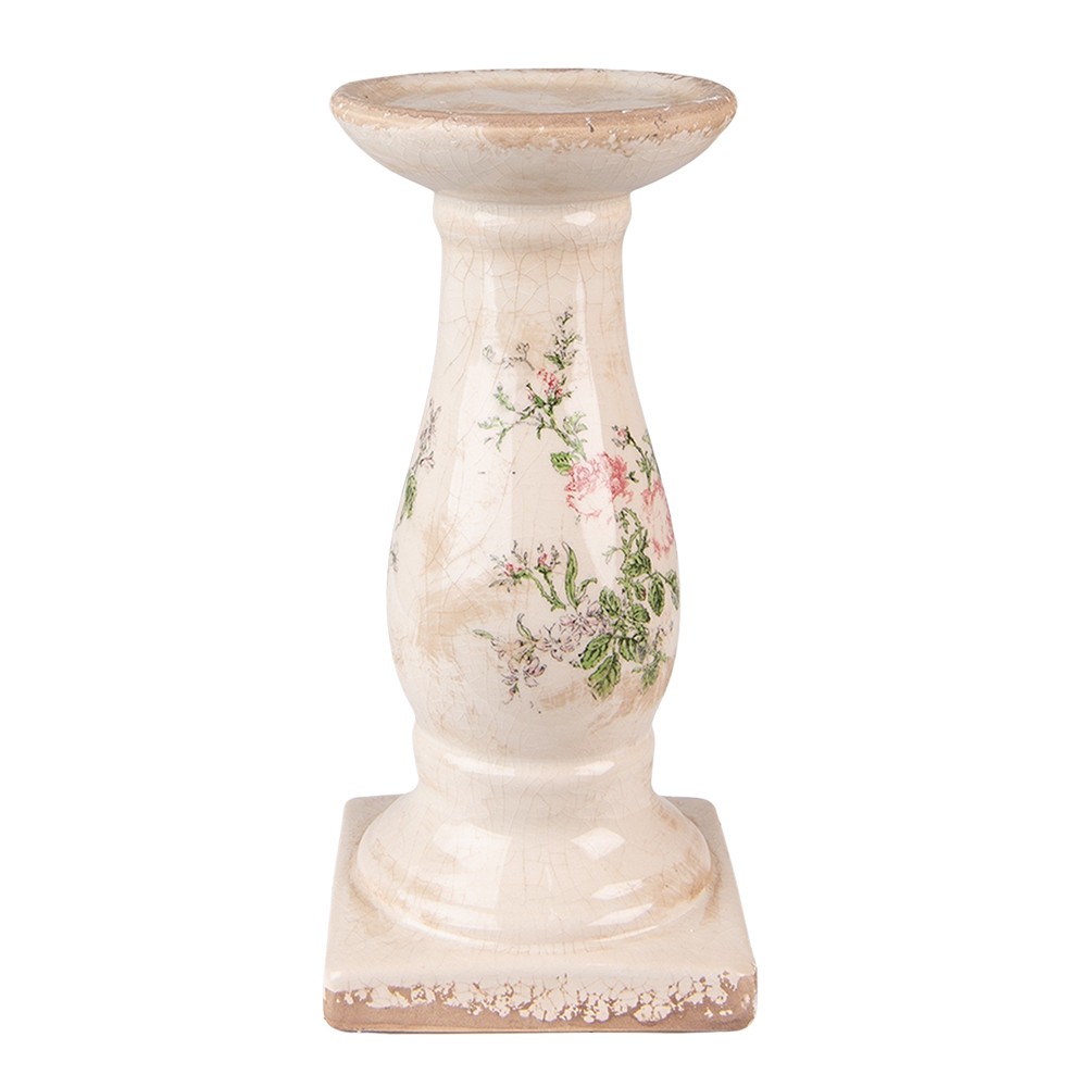 Béžový keramický svícen s růžemi Rossia - Ø12*24 cm Clayre & Eef