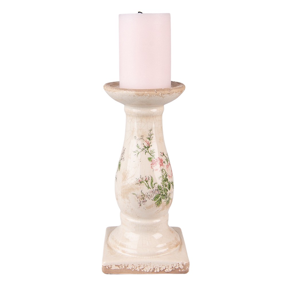 Béžový keramický svícen s růžemi Rossia - Ø12*24 cm