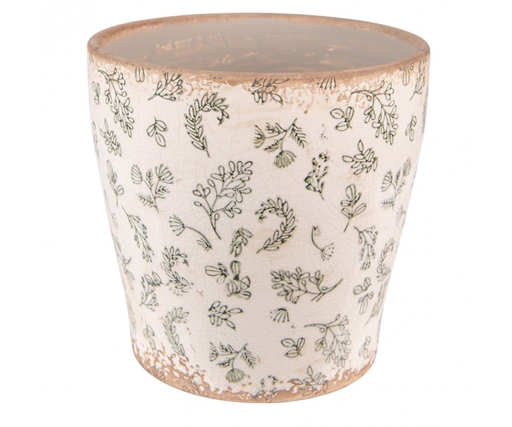 Béžový antik keramický obal na květináč se zelenými květy - Ø 17*16 cm
