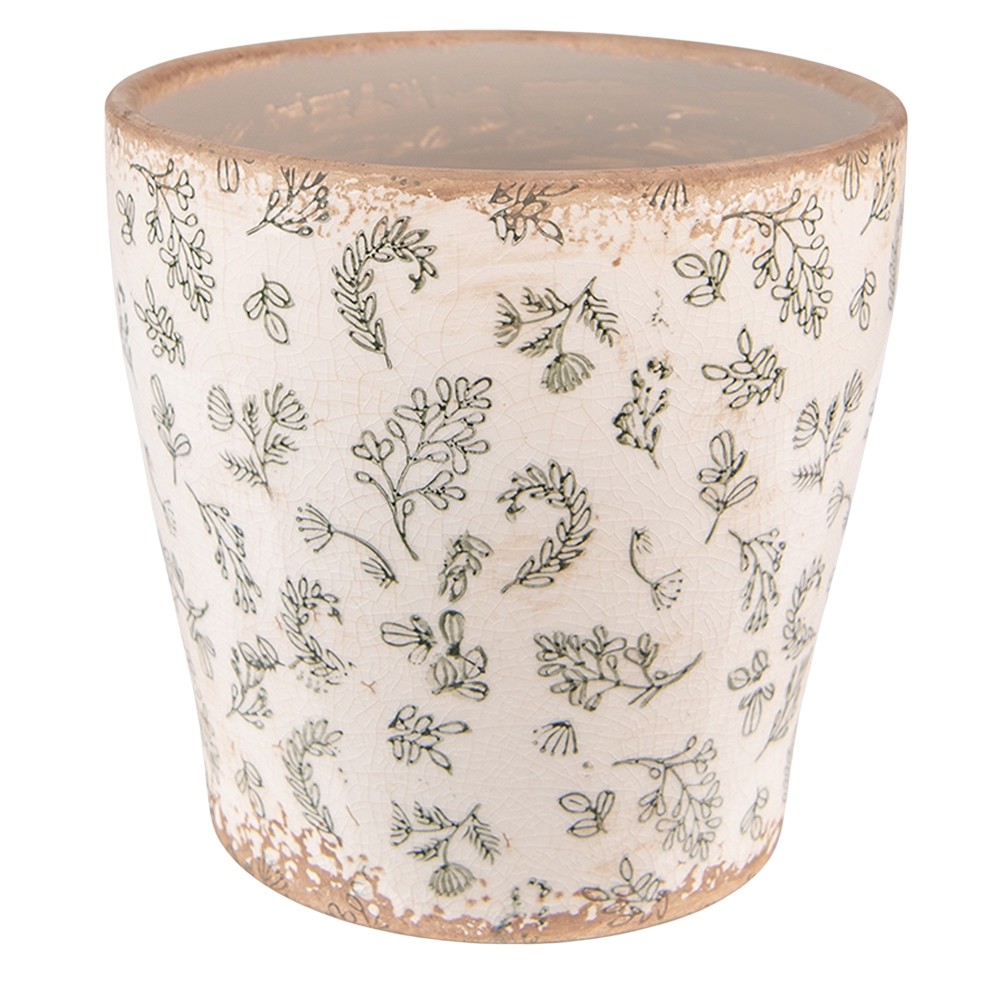 Béžový antik keramický obal na květináč se zelenými květy L - Ø 17*16 cm 6CE1545L