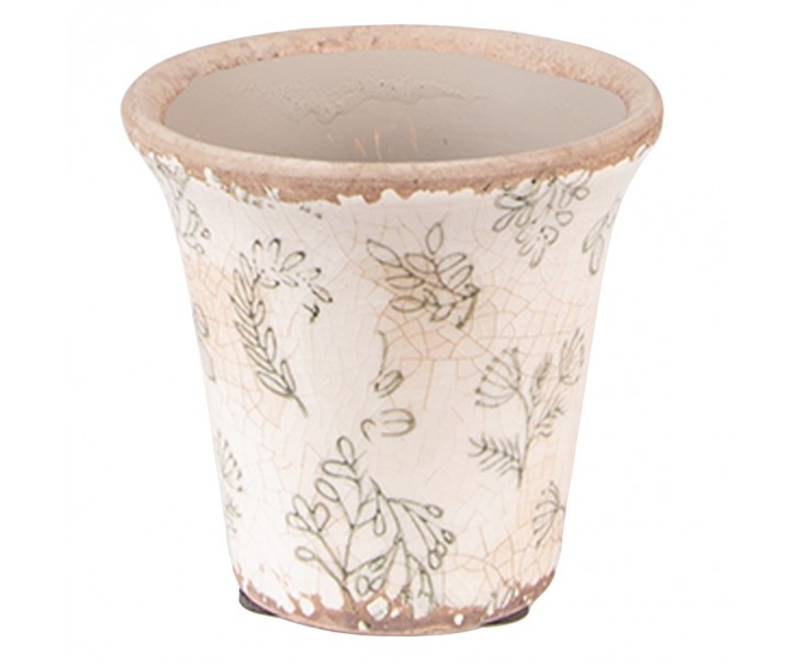 Béžový antik keramický obal na květináč se zelenými květy S - Ø8*8 cm