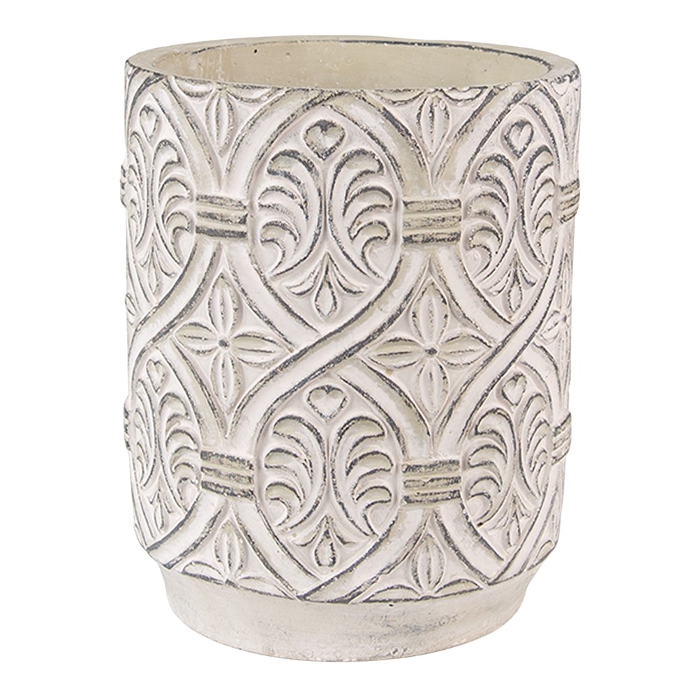 Šedý antik cementový obal na květináč s ornamentem - Ø 14*18 cm 6TE0450
