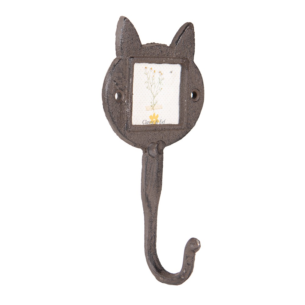 Hnědý litinový nástěnný háček kočičí hlavy s rámečkem - 9*5*18 cm / 5*5 cm Clayre & Eef