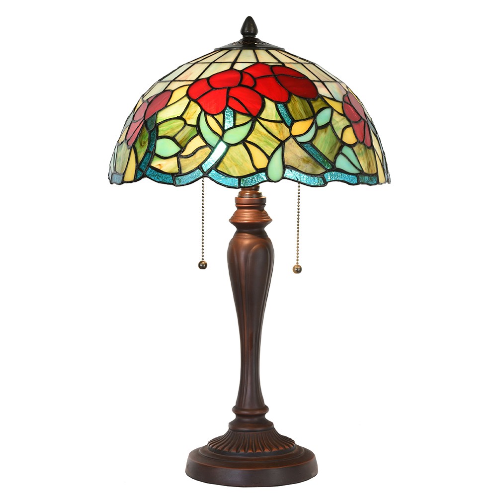 Stolní lampa Tiffany s červenými květy Valea - Ø 35*58 cm E27/max 2*60W 5LL-1209
