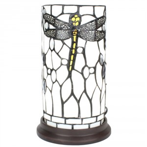 Bílá válcovitá stolní lampa Tiffany s vážkou DragonFly - Ø 15*26 cm E14/max 1*40W