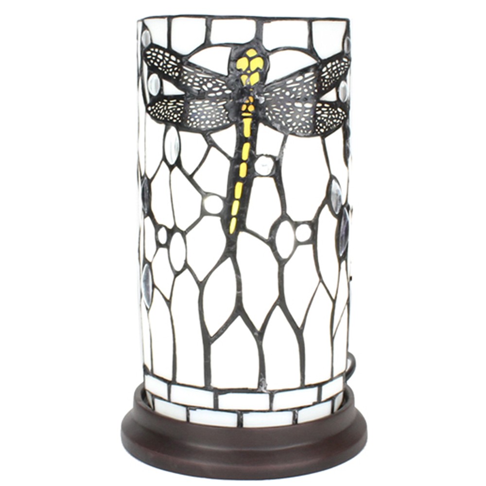 Bílá válcovitá stolní lampa Tiffany s vážkou DragonFly - Ø 15*26 cm E14/max 1*40W