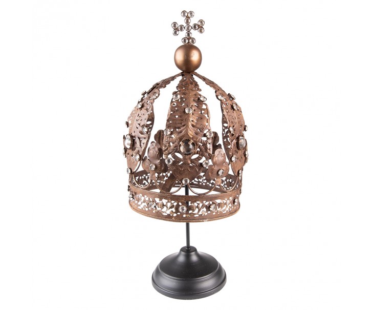 Hnědá antik dekorace koruna Crown na noze s kamínky - Ø 16*40 cm