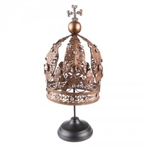 Hnědá antik dekorace koruna Crown na noze s kamínky - Ø 16*40 cm