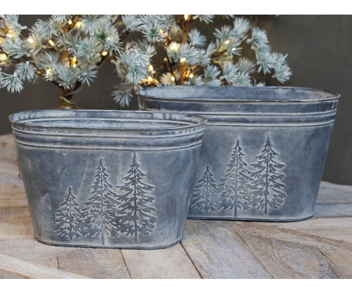 2ks dekorační plechové antik květináče se stromky Trees - 27*15*16 / 24*15*13cm