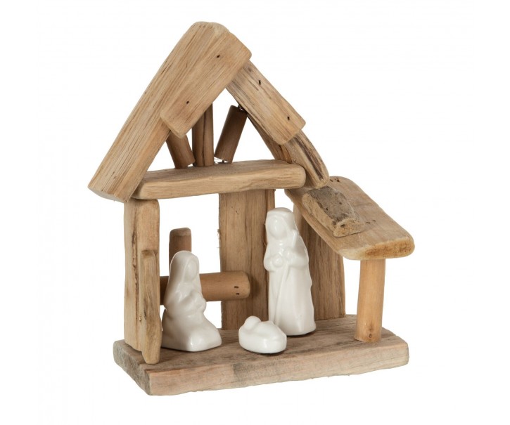 Přírodní dřevěný Betlém s porcelánovými postavičkami - 25*10*19 cm