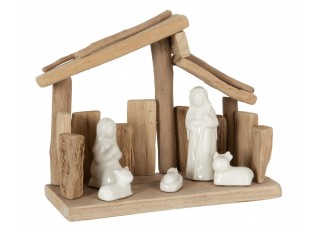 Přírodní dřevěný Betlém s porcelánovými postavičkami  - 25*10*19 cm
